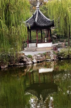 Ancient Chinese Pagoda Reflection Green Willows Garden of the Humble Administrator, Zhouzheng Yuan, Water, Suzhou, Jiangsu, China  Built in the 1500s