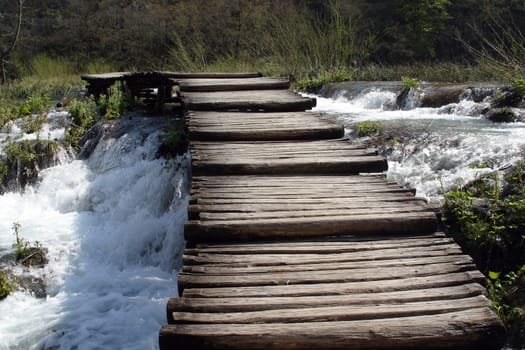 Wooden pathway in Plitvice Lakes national park in Croatia