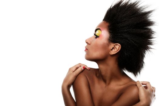 Beautiful black woman with glossy makeup isolated over white background