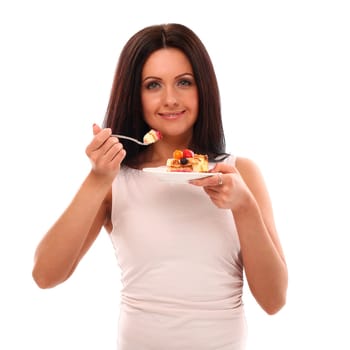 Portrait of beautiful woman with cake isolated over white background