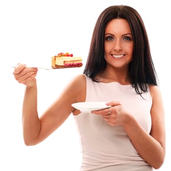 Portrait of beautiful woman with cake isolated over white background