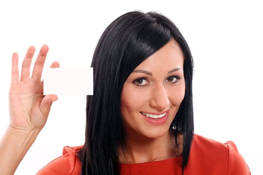 Beautiful caucasian woman with board isolated over white background