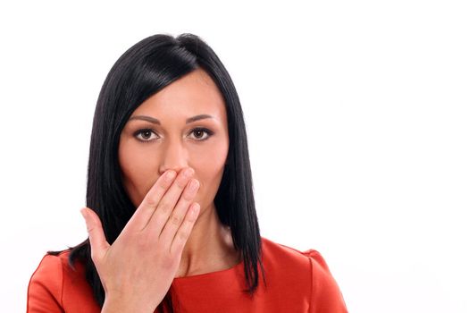 Beautiful caucasian woman close mouth with hand isolated over white background