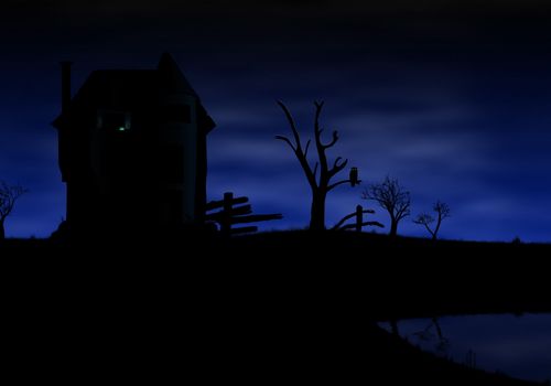 spooky abandoned house by the lake in the night