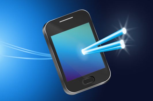 Illustration depicting a telecommunications device with illuminated fiber optic strands appearing to pass through the illuminated screen with abstract background.