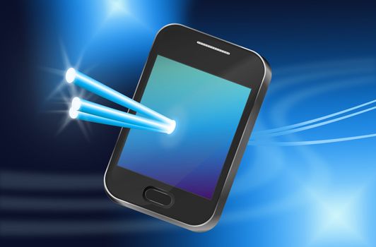 Illustration depicting a telecommunications device with illuminated fiber optic strands appearing to pass through the illuminated screen with abstract background.