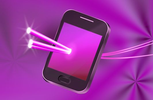 Illustration depicting a telecommunications device with illuminated fiber optic strands appearing to pass through the illuminated screen with abstract background.