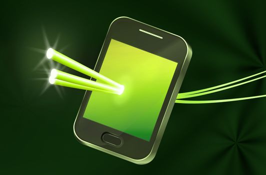 Illustration depicting a telecommunications device with illuminated fiber optic strands appearing to pass through the illuminated screen with abstract background.
