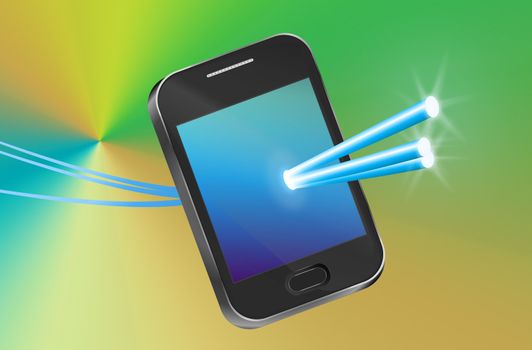 Illustration depicting a telecommunications device with illuminated fiber optic strands appearing to pass through the illuminated screen with abstract background.