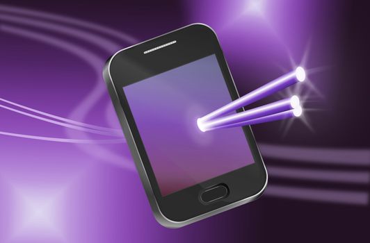 Illustration depicting a telecommunications device with illuminated fiber optic strands appearing to pass through the illuminated screen with abstract background.