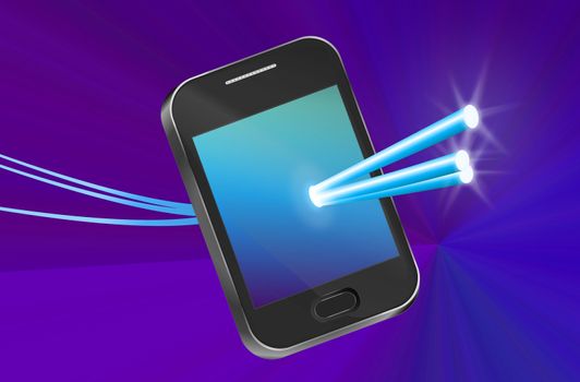 Illustration depicting a telecommunications device with illuminated fiber optic strands appearing to pass through the illuminated screen with abstract background.