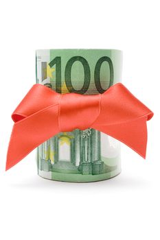 Bundle of 100 Euro banknotes with a red ribbon isolated on a white background.