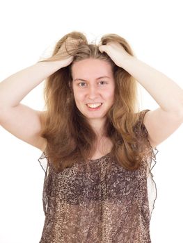 Young woman is tearing the hair