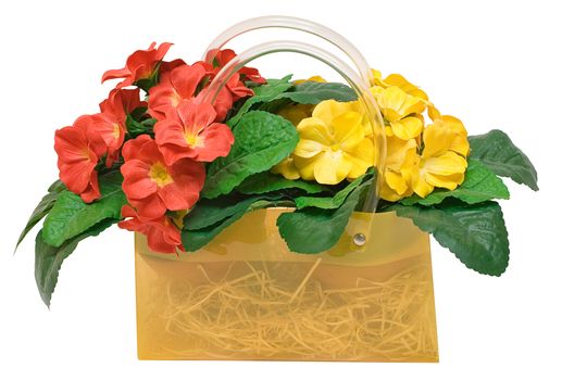 Red and yellow flowers nested in a bag.