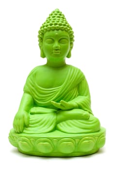 Green Buddha statue isolated on a white background.
