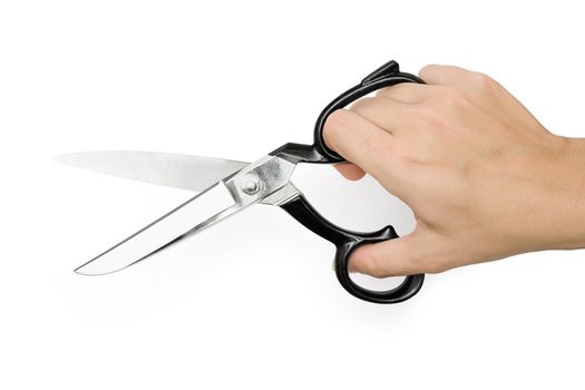 Female hand holding a pair of sharp scissors. Isolated on a white background.