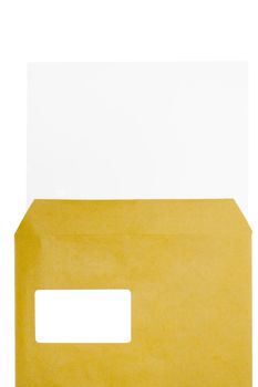 Sheet of paper in a brown envelope. Isolated on a white background.