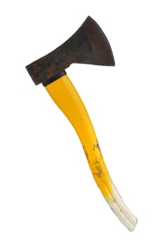 Old rusty ax with yellow handle isolated on white background