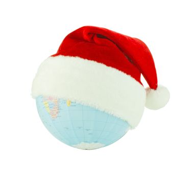 Globe wearing Santa's hat over white background