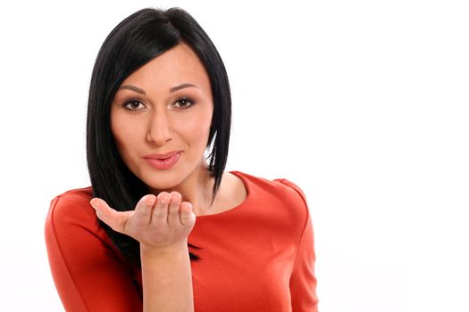 Beautiful caucasian woman send a kiss isolated over white background