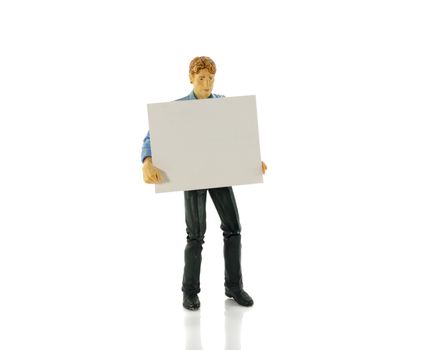puppet man with blanc message board with place for text