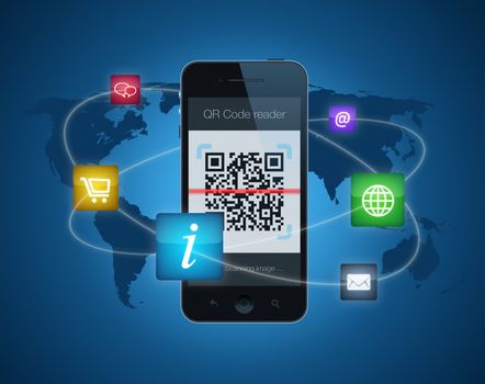 A smartphone showing a QR code reader. Information concept with icons for shopping, information, email, websites and the ease with which information can be shared between them by the use of a QR code.