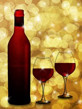 Bottle of Red Wine with Two Wine Glasses on Blurred Defocused Bokeh Background Illustration