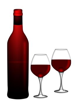 Bottle of Red Wine with Two Wine Glasses Isolated on White Background Illustration