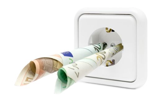 Banknotes attached to a power socket. Isolated on a white background.