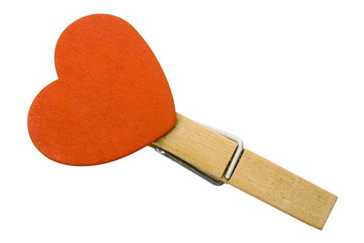 Red heart attached to a wooden clothespin. File contains clipping path.