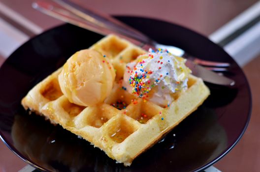 Waffle and whipping cream with vanilla ice cream