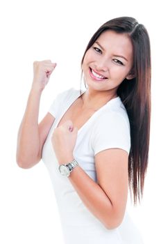 Portrait of an excited young woman celebrating success, isolated on white background.