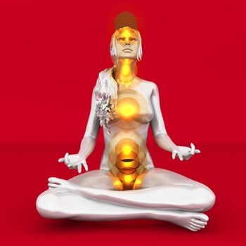 A woman performing a full chakra meditation. 3D rendered illustration. 