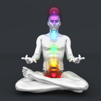 A man performing a full chakra meditation. 3D rendered illustration.