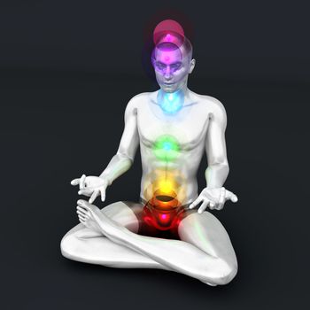 A man performing a full chakra meditation. 3D rendered illustration.