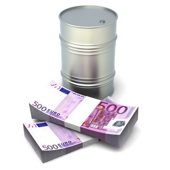 Euros and oil. 3D rendered Illustration. Isolated on white.