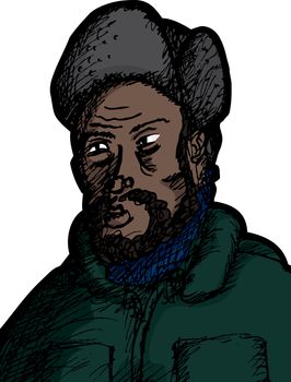 Bearded Black man in winter coat and fur hat