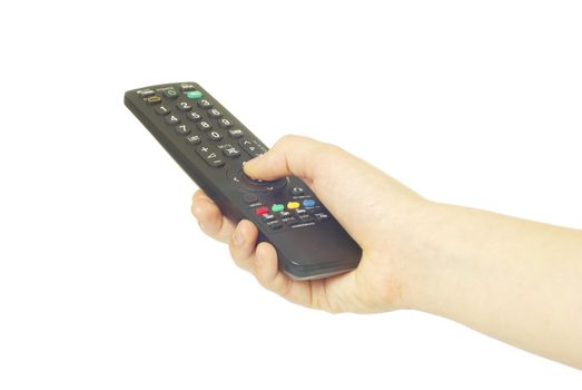 remote control in hand isolated on white background