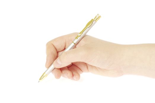 pen in woman hand isolated on white background 
