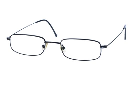 Macro closeup of reading glasses isolated on white background