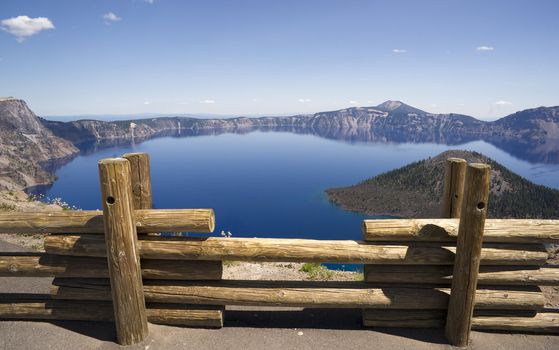 A fence keeps folks safe at Crater Lake National Park