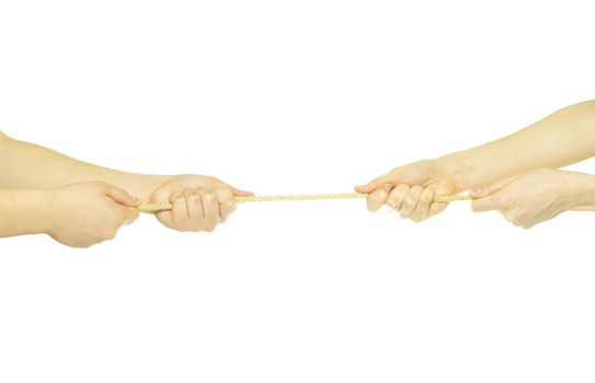 Hands and rope isolated on white background