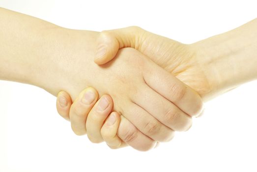 closeup of two men shaking hands isolated over white