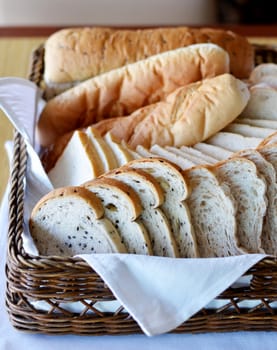 Arrangement of bread in basket on table