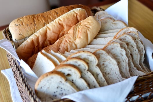 Arrangement of bread in basket on table