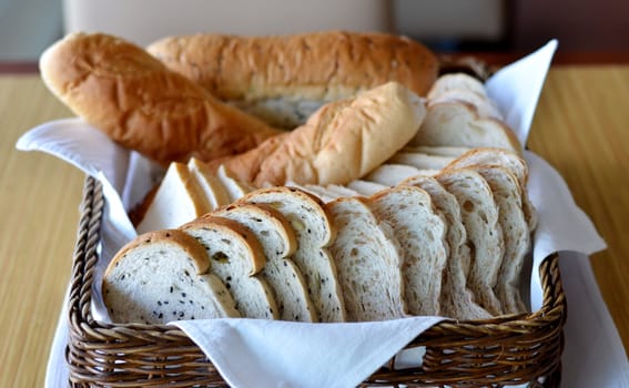 Arrangement of bread in basket on table