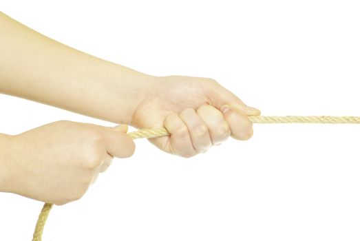 Hands and rope isolated on white background