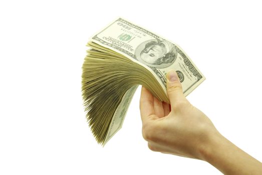 Hand with money isolated on white background