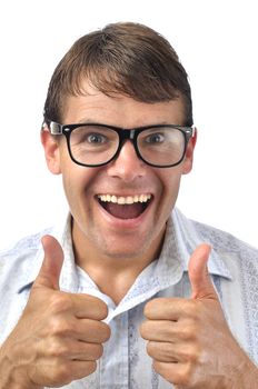 Closeup of happy male nerd giving thumbs up sign with two hands on white background