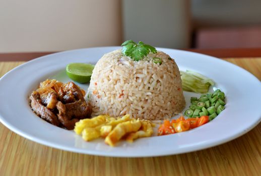 Mixed cooked rice with shrimp paste sauce and fresh vegetable, Thai cuisine